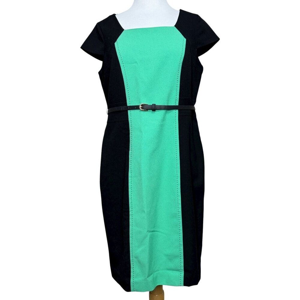 Liz Claiborne Dress Size 12 Black Green Mod Colorblock Belted Career Sheath